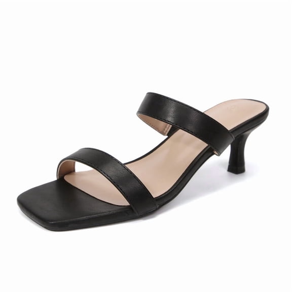 Pennysue Women Square Toe Low Heel Sandals Cushioned Slip On Two Strap Heeled Sandals for Wedding Working Partying