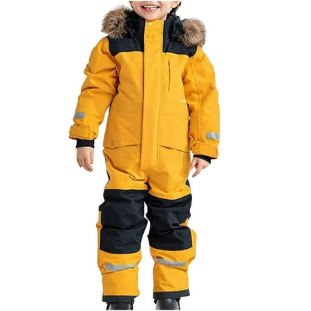 

LBECLEY Snowsuit Children s Boys Ski Suit Thermal Ski Overall Winter Warm Snow Windproof Suit with Removable Hood Mud Suit Outdoor Softshell Suit Yellow Size 120