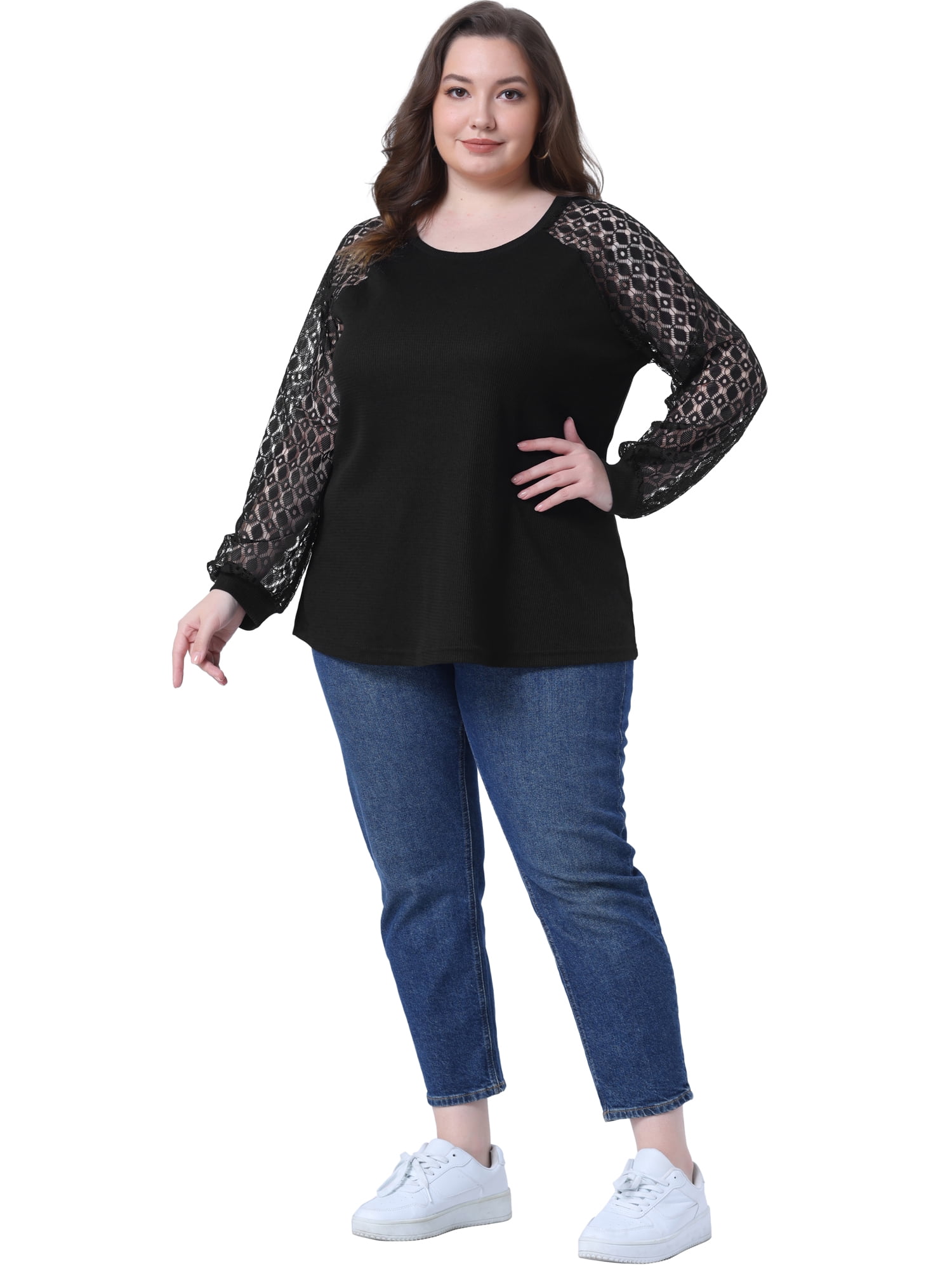 DARING DIVA Women's Plus Lace Crew Neck Long Sleeve Casual Blouse 3X Black