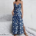 thumbnail image 6 of Women's Maxi Dress Sleeveless Carnival Holiday Outfits Printed V-Neck Spaghetti Strap Cami Long Dress with Slit (L, Navy), 6 of 8