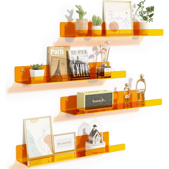Acrylic Shelves for Wall Decor, 15" Display Shelf Perfume Organizer for Bathroom, Bedroom, Living Room, Floating Bookshelves for Kids, Clear Orange, 4 Pack