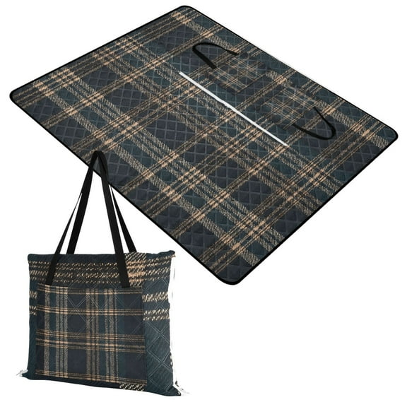 Extra Large Picnic Beach Blanket Waterproof Sand Proof Portable Outdoor Mat Dark Green Brown Tartan 60x80