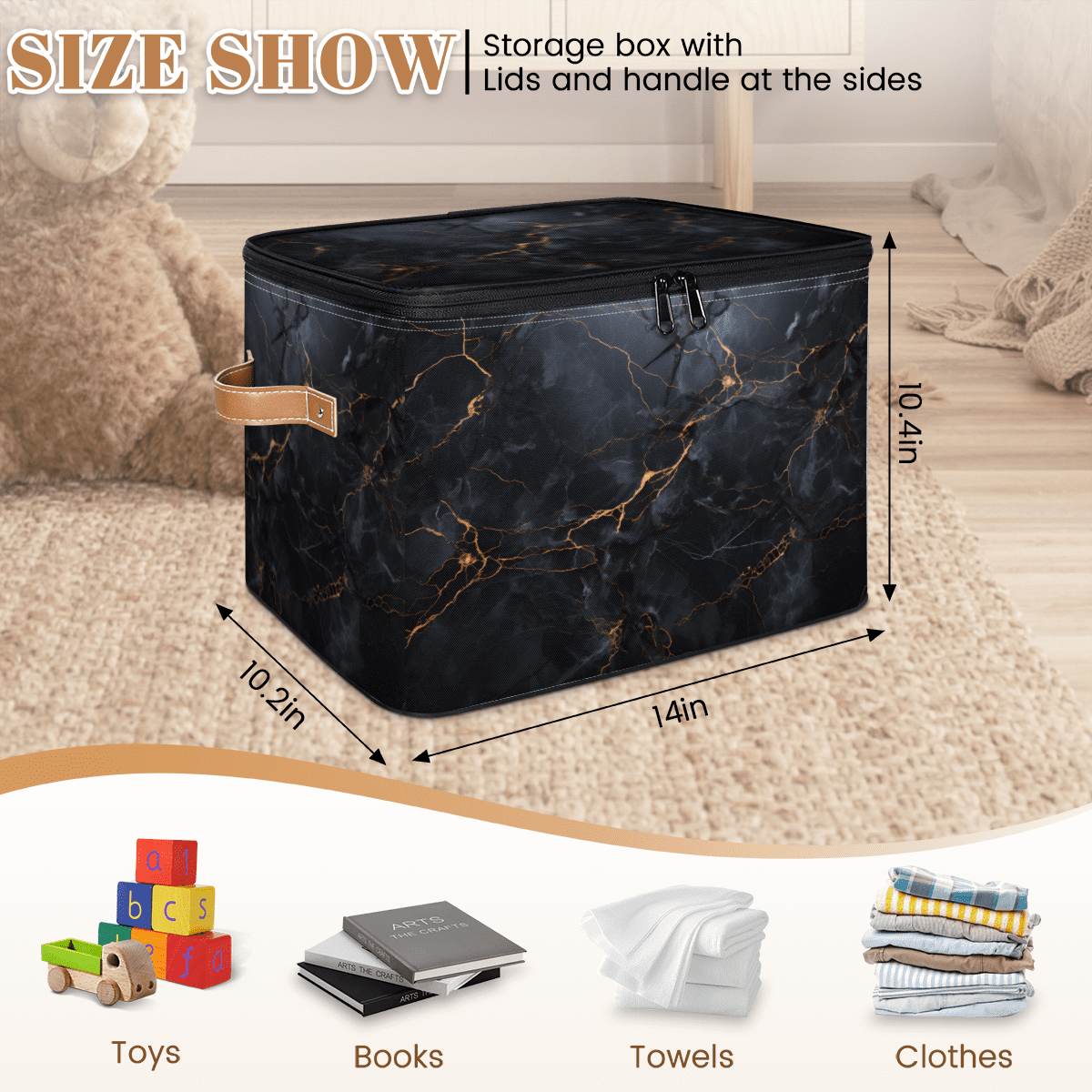 ADECORIVY Marble Black Storage Bin with Zipper Lid, Fabric Storage Baskets Boxes with Handles, Decorative Clothes Organizer Containers for Shelves, Wardrobe, Closet