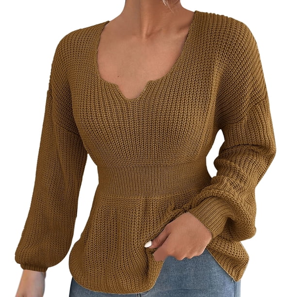 Gibobby Suéter cuello v, Suéter con cuello en V para mujer, manga larga, ajuste delgado(Marrón,M)
