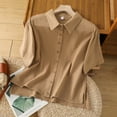 thumbnail image 3 of Scyoekwg Summer Short Sleeve Tops for Women Turndown Collar Button Shirt Shirts Solid Color Loose Lightweight Trendy Blouses (Khaki,XXL), 3 of 8