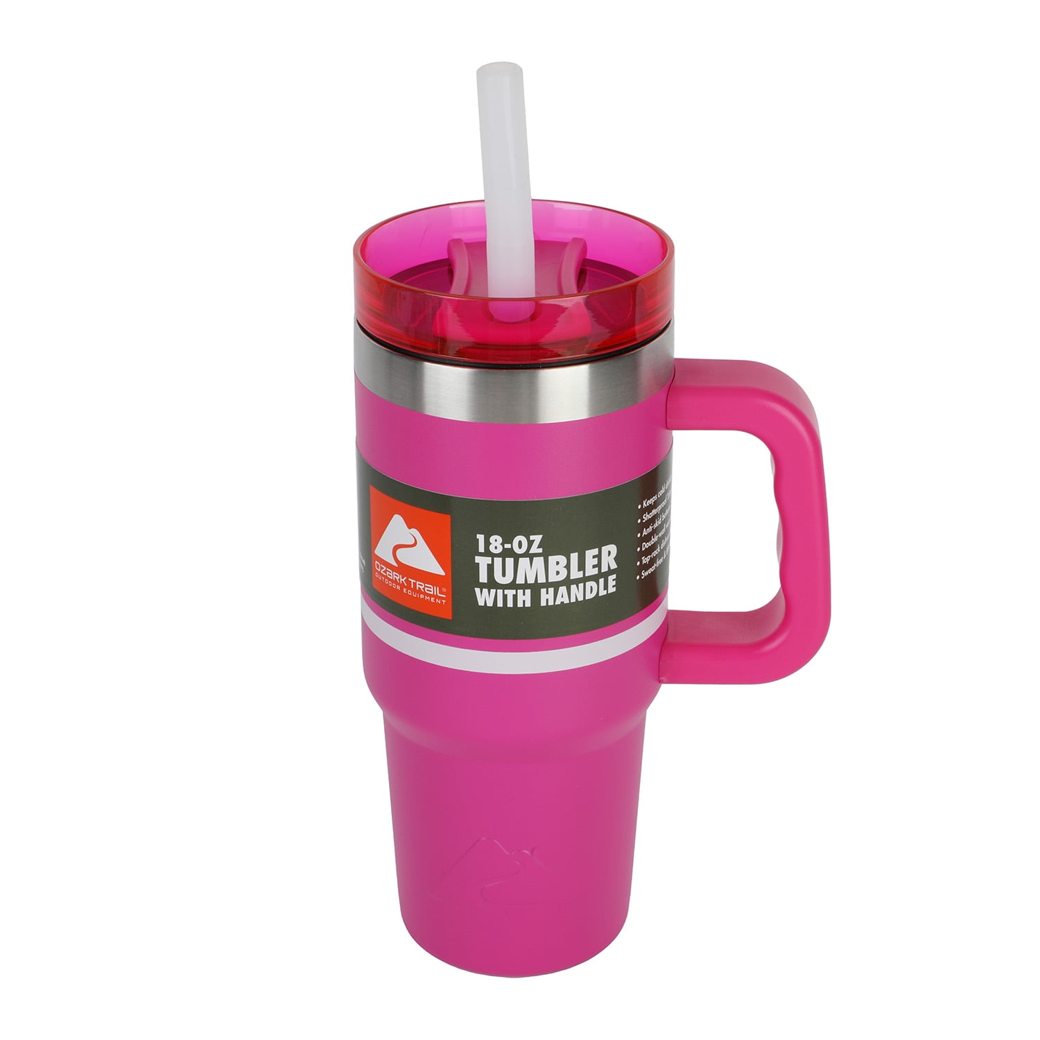 Ozark Trail 18 oz Stainless Steel Insulated Tumbler with Handle, Fuschia Burst Stripe