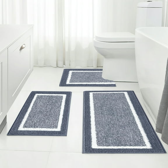Bathroom Rug Mat Set 3 Piece, Microfiber Shaggy Bath Set, Non-Slip Ultra Soft Carpet Mats, Absorbent with U-Shaped Toilet for Bathroom, Tub, Shower, Dark Grey