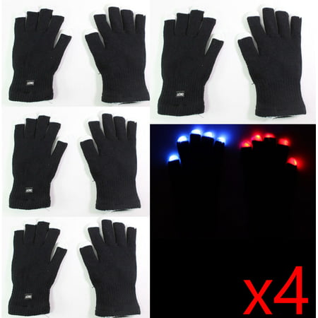 8 gloves ( 4 pairs ) of 7 Mode LED Light Up Flashing Red Blue Green Glow Rave Black White Finger Party Gift Gloves
