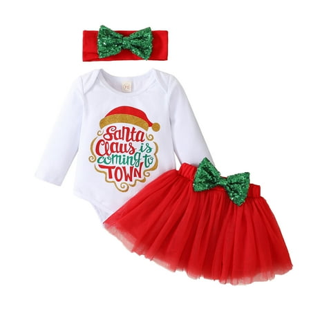 

BSDHBS Children s Clothes Girls Long Sleeve Christmas Letter Printed Romper Bodysuit Tulle Skirts Headbands Outfits