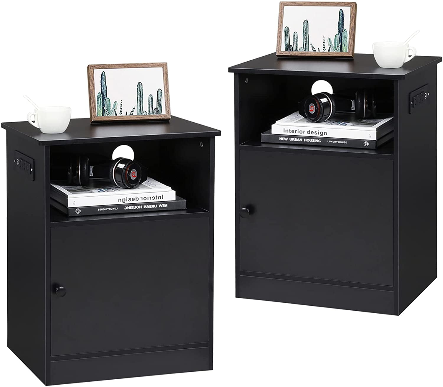 ADORNEVE Nightstand Set of 2, Bedside Table with Charging Station