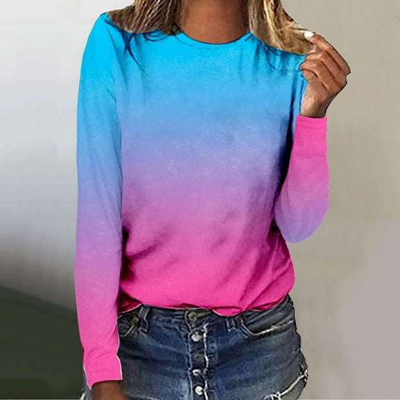 Lilgiuy Women's Fashion Printed Loose T-shirt Long Sleeves Blouse Round Neck Casual Tops Clearance