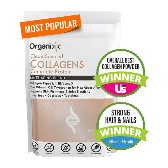 Organixx Clean Sourced Collagens with Vitamin C and 5 Types of Hydrolyzed Collagen Peptides, 20 servings
