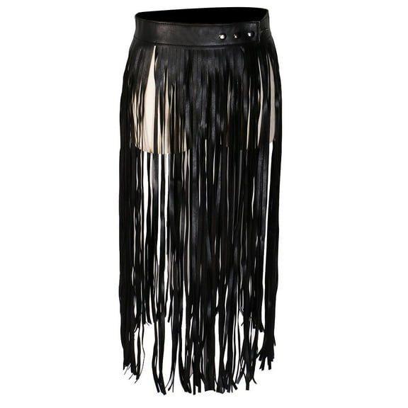 Hippie Fringe Tassel Wite PU Leather Ladies Belt Skirt - Black, 26.8 inch