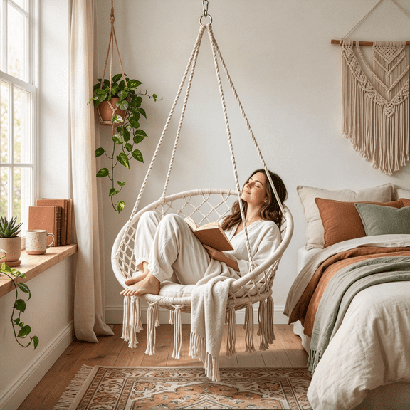 YTOXEO Macrame Hammock Chair, Hanging Chair Indoor 330lbs, Beige Cotton Boho Swing Chair with Cushion for Bedroom Living Room