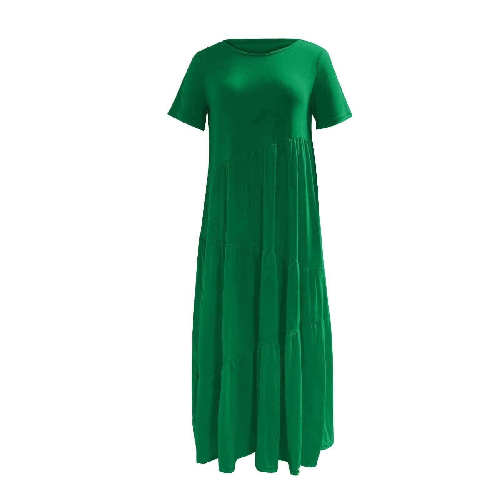 Women's Short/Long Sleeve Loose Plain Maxi Dresses Crewneck Casual Tiered Flowy Pleated Swing Beach Long Dresses