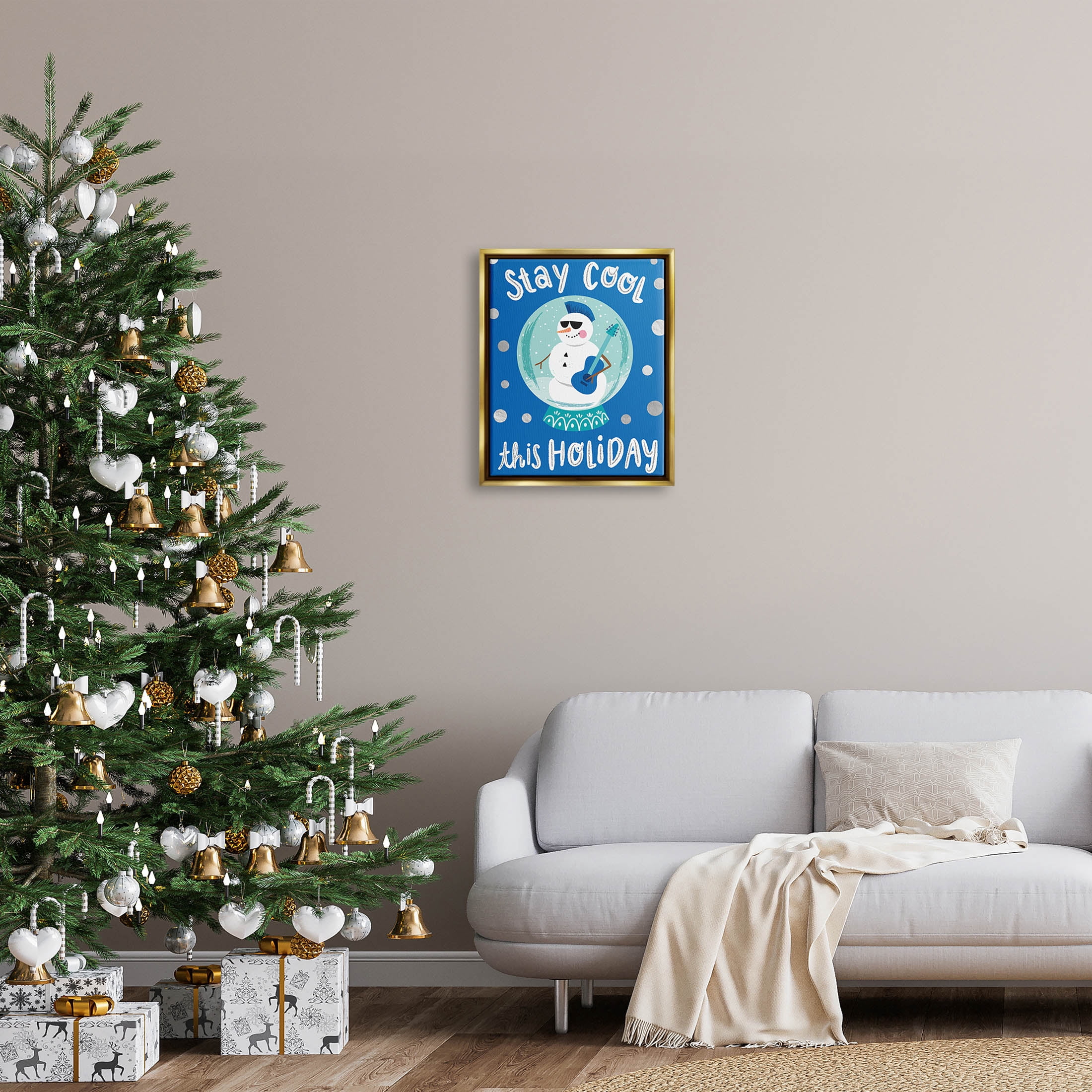 Stay Cool This Holiday Musician Snowman Holiday Graphic Art Metallic Gold Framed Art Print Wall Art