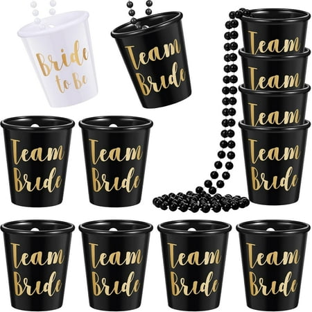 **12 pieces bride plastic beaded bridal shot glass necklace gold foil for bachelorette party bridal party necklaces (white, black)