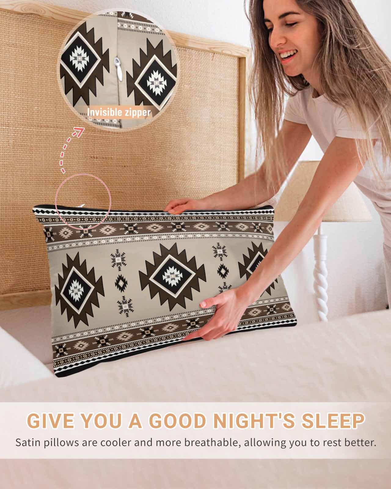 Brown Aztec Pillow Cases King Size Set of 2, Smooth Satin Pillowcase for Hair and Skin, Boho Southwest Ethnic Neutral Motifs Decorative Cooling Bed Pillow Covers with Zipper, 20x36 Inches
