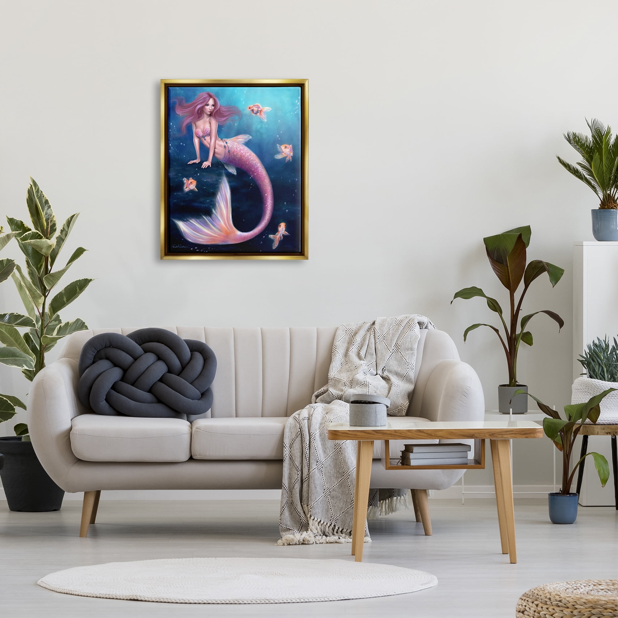 Stupell Industries Aurelia Mermaid in Sea Fairy Tales & Fantasy Painting Gold Floater Framed Canvas Art Print Wall Art, 25 x 31
