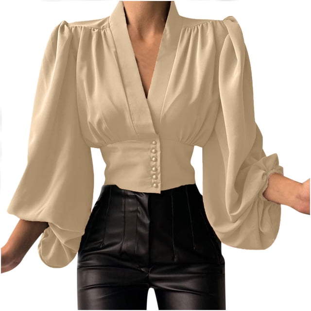 Tops for Women Sexy Casual Women Spring Casual Solid and Printed V-Neck Lantern Long Sleeve Buttons Pullover Blouse Shirt Draw Back Short Tops Women Tops Long Sleeve