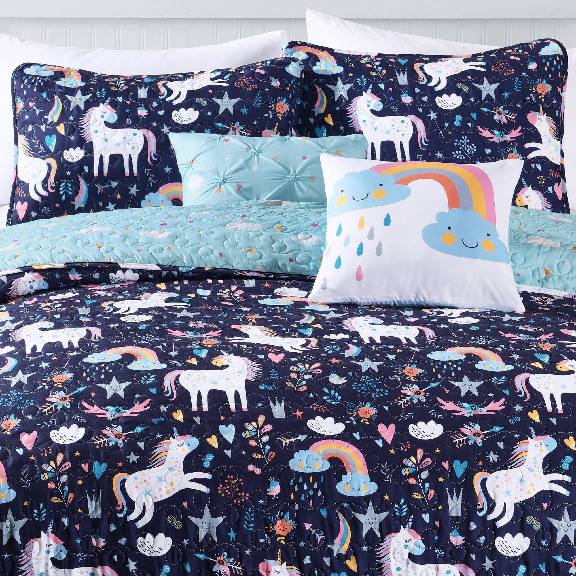 Lush Decor Unicorn Heart Kids Animal Print Reversible Quilt, Twin, White/Multi, 4-Pc Set
