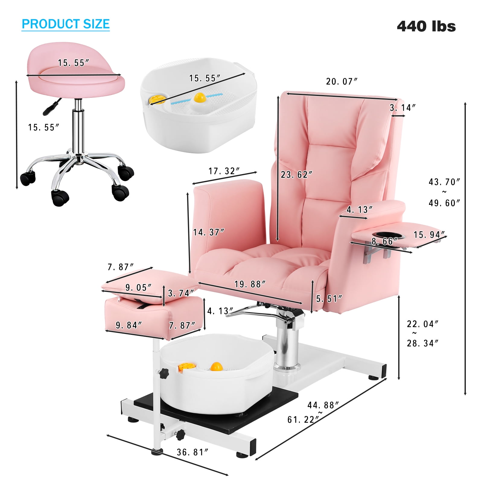 Reclining Pedicure Chair with Foot Bath, No Plumbing Spa Pedicure Station for Nail Tech, 360° Swivel Adjustable Pedicure Unit with Stool