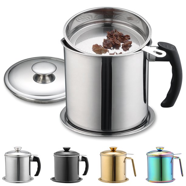 ReaNea Silver Bacon Grease Container with Fine Strainer and lid, 48 oz