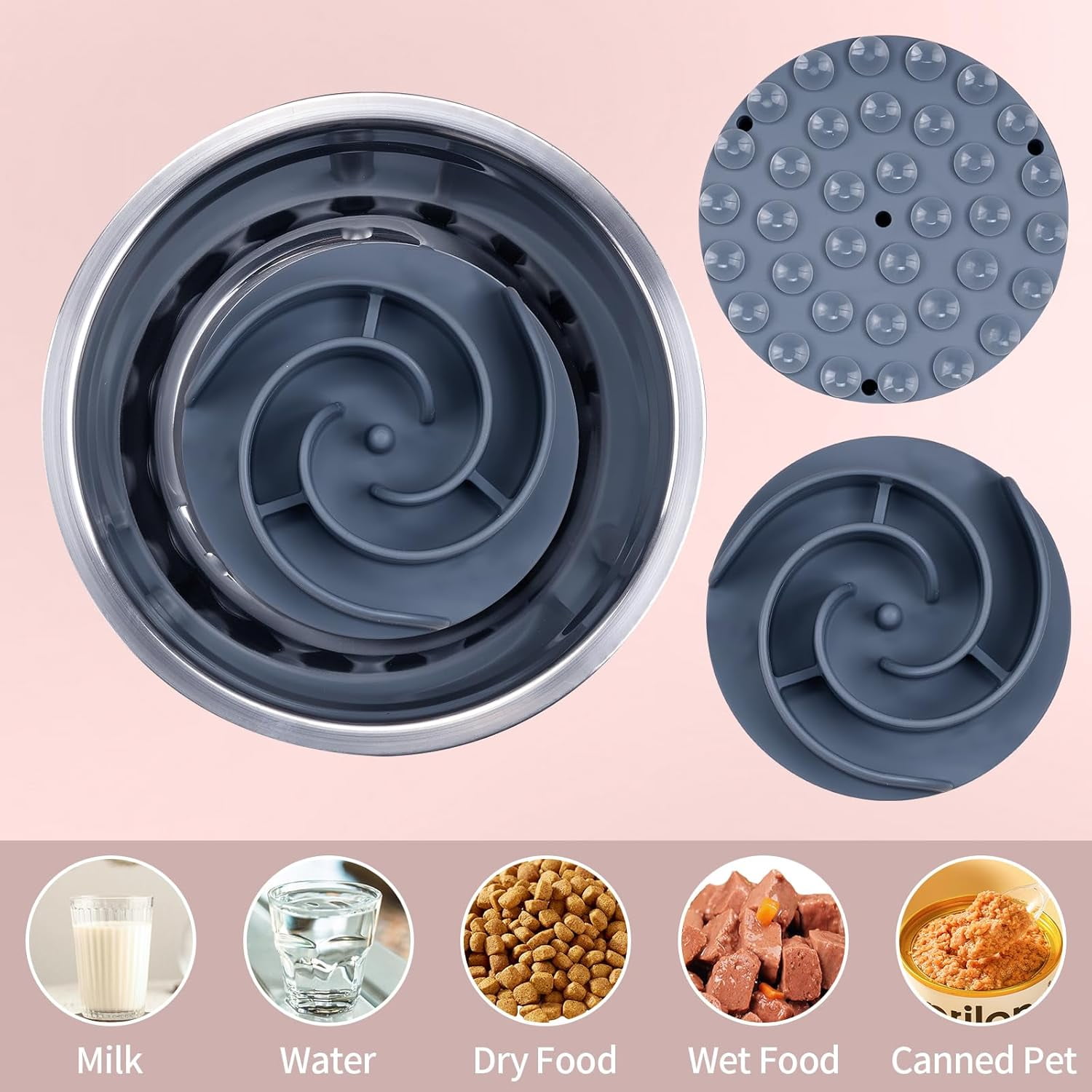 Slow Feeder Dog Bowls Insert,  Soft Silicone Slow Eating Feeder Insert with Suction Cups for Small, Medium and Large Dogs, Fit into Basic and Elevated Dog Bowls, Grey Grey,S