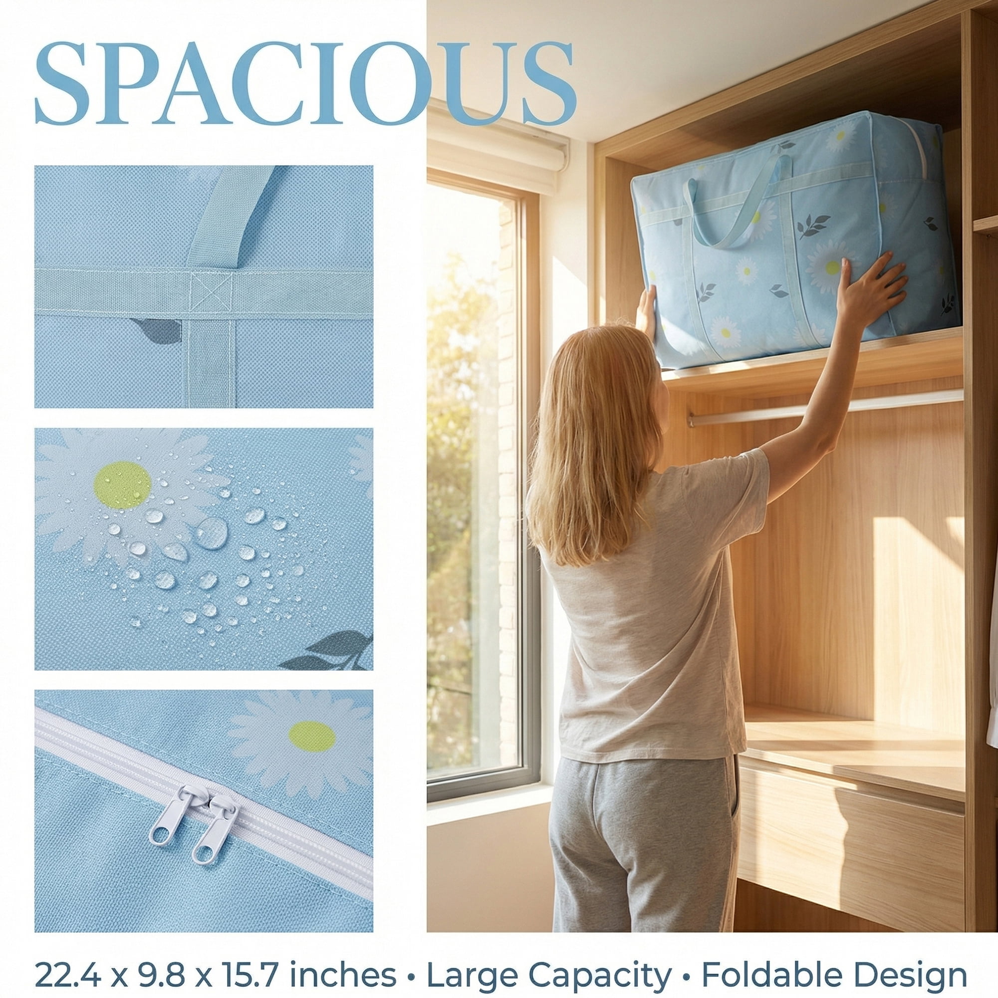 Unique Bargains Foldable Storage Bags for Organizing Livingroom Blue 22.4"x9.8"x15.7"