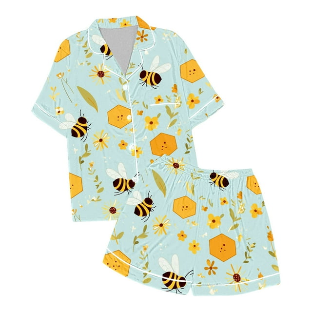 Girls' Festival Printed Silk Imitation Pajama Short Sleeve Set
