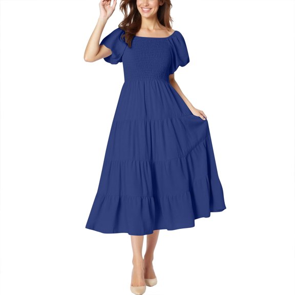Eawtki Women's 2025 Summer Casual Midi Dress Puffy Short Sleeve Square Neck Smocked Tiered Ruffle Dresses for Women
