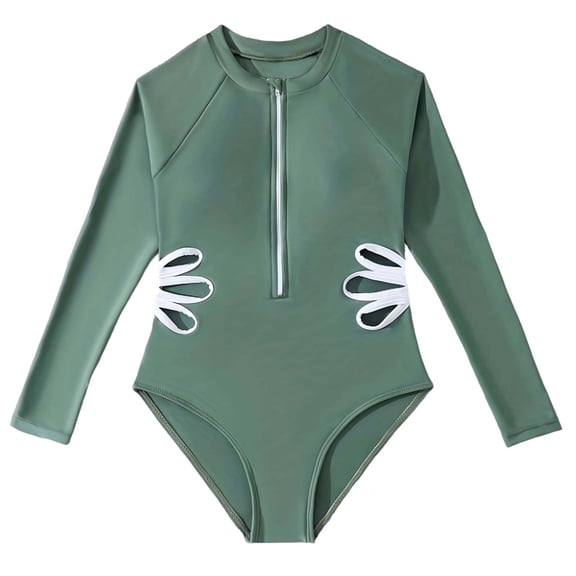 OGLCCG Girl's One Piece Rash Guard Long Sleeve Swimsuits Zipper Surfing Bathing Suits UPF 50 /Sun Protection Hawaiian Swimwear 6-15 Years