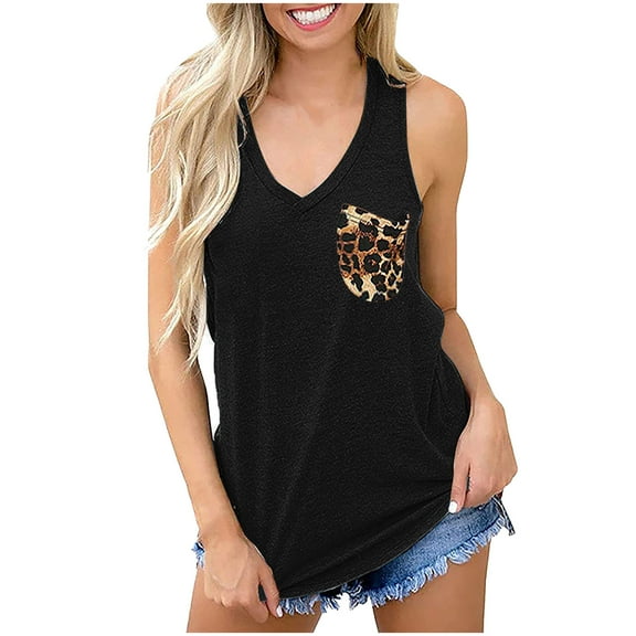 QLEICOM Women Casual Sleeveless V-Neck Loose Pocket Pullover Blouse Tank Tops Black L, US Size 8