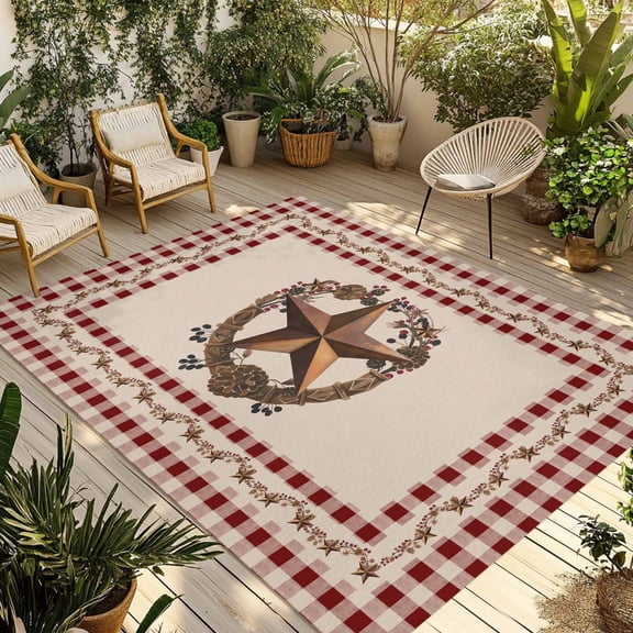 Western Texas Star Vintage Outdoor Rug for Patio/Deck/Porch, Non-Slip Large Area Rug 4 x 6 Ft, Rustic Wreath Red Beige Plaid Indoor Outdoor Rugs Washable Area Rugs, Camping Rug Carpet Runner