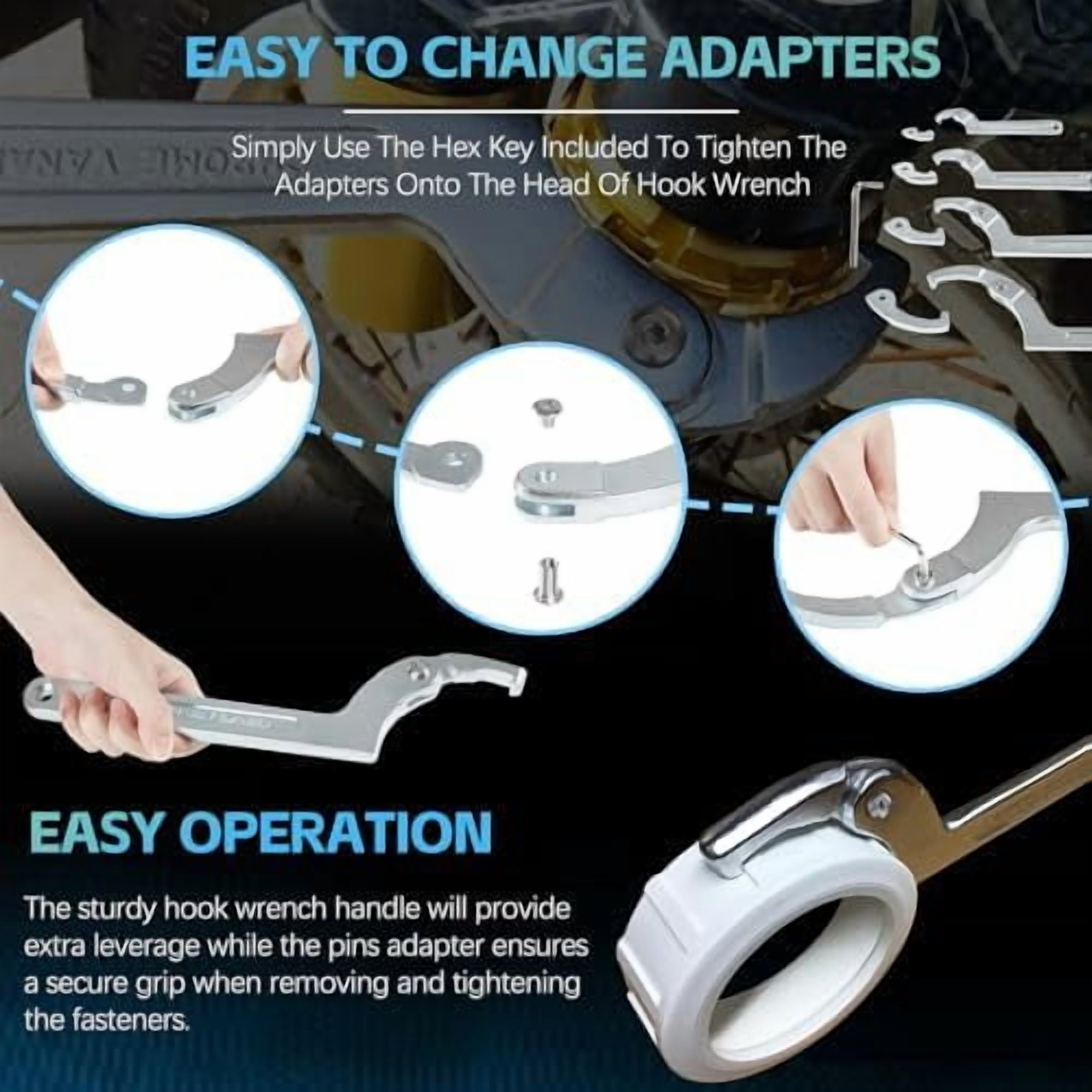 Adjustable Pin Spanner Wrench Tool Set, 9 Pack C Spanner Nut Wrench Tools with Changeable Heads, Coilover Hook Wrenches for Suspension System Collar, Nut Adjustment, 3/4" to 6-7/10"