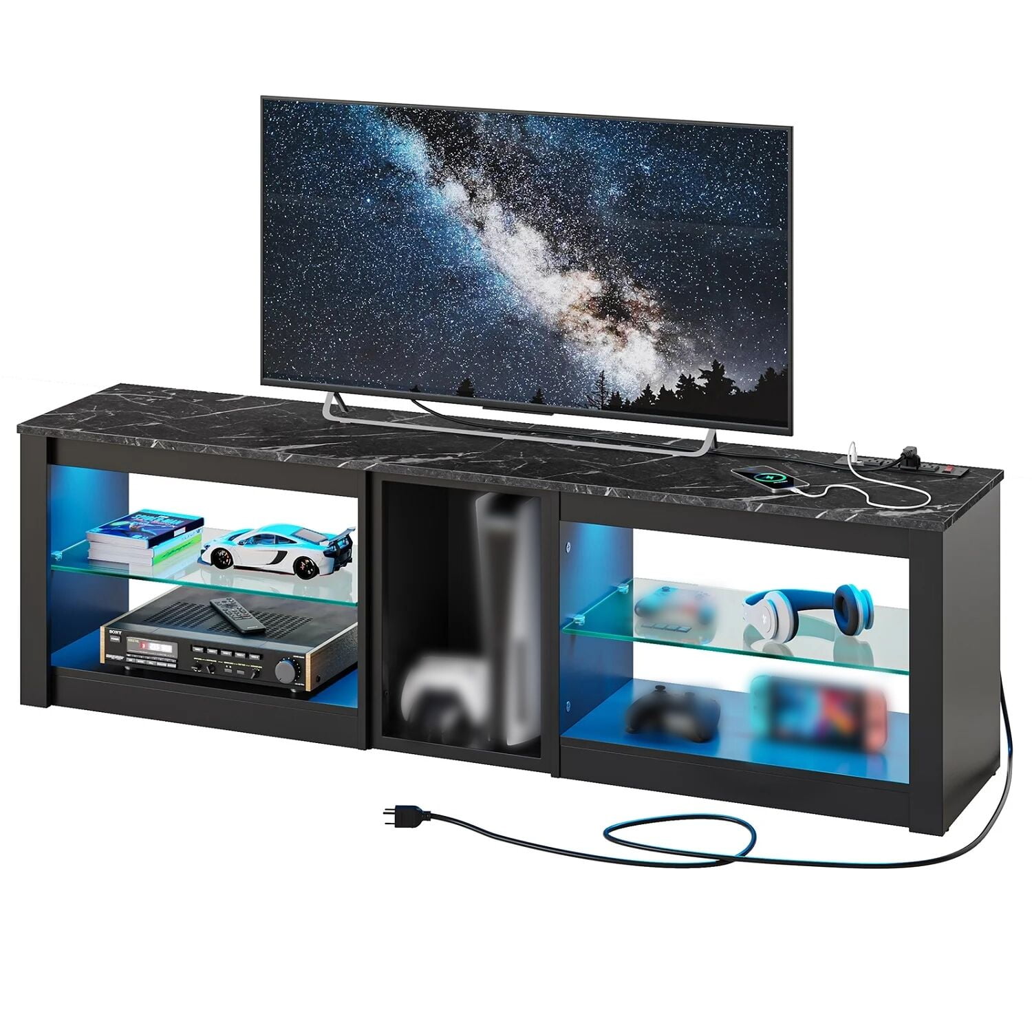 Bestier Modern TV Stand for 70" TV with Power Outlets, LED Entertainment Center for PS5, Black Marble