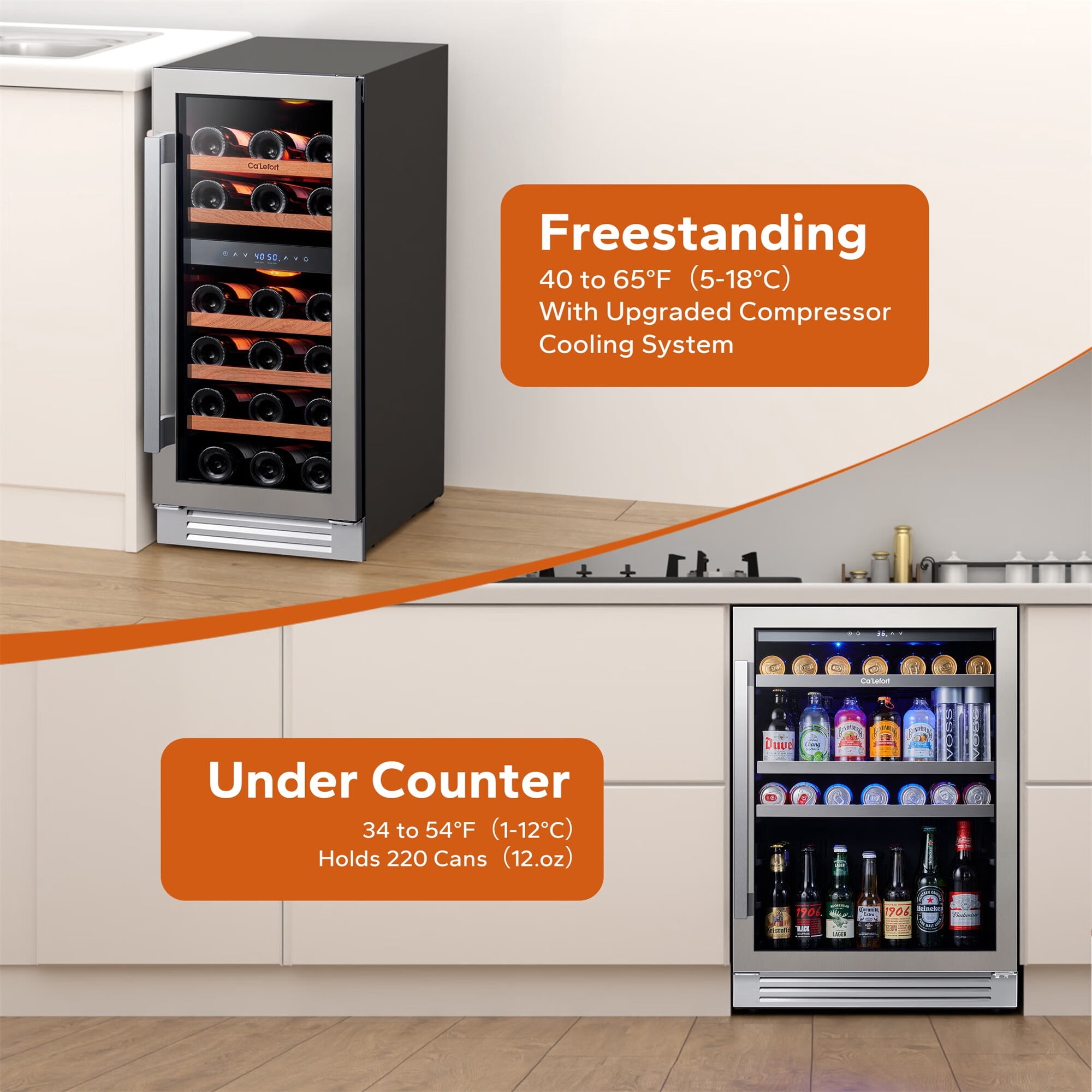 Ca'Lefort Wine Cooler Beverage Refrigerator, Hold 140 Cans and 28 Bottles Dual Zone Wine Fridge Freestanding & Built-in with Stainless Steel frame for Kitchen Office