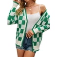 thumbnail image 3 of Xuanfei Women Buffalo Plaid Color Block Single-Breasted Knitted Sweater Cardigan, 3 of 7