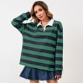 thumbnail image 4 of Vxararl Women Long Sleeve Striped Polo Shirt Long Sleeve Striped Shirt Oversized Long Sleeve Lapel V Neck Casual Loose Streetwear Rugby Sweatshirt Retro Green M, 4 of 5