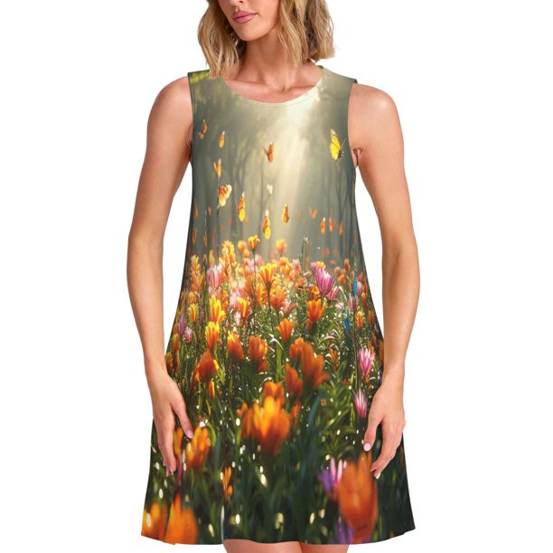 Fotbe Butterflies In Flower Field Vestido de Verano sin Mangas para Mujer – Vestido Midi Línea A, Estilo Camiseta Floral, Vestido Playero Casual y Fluido