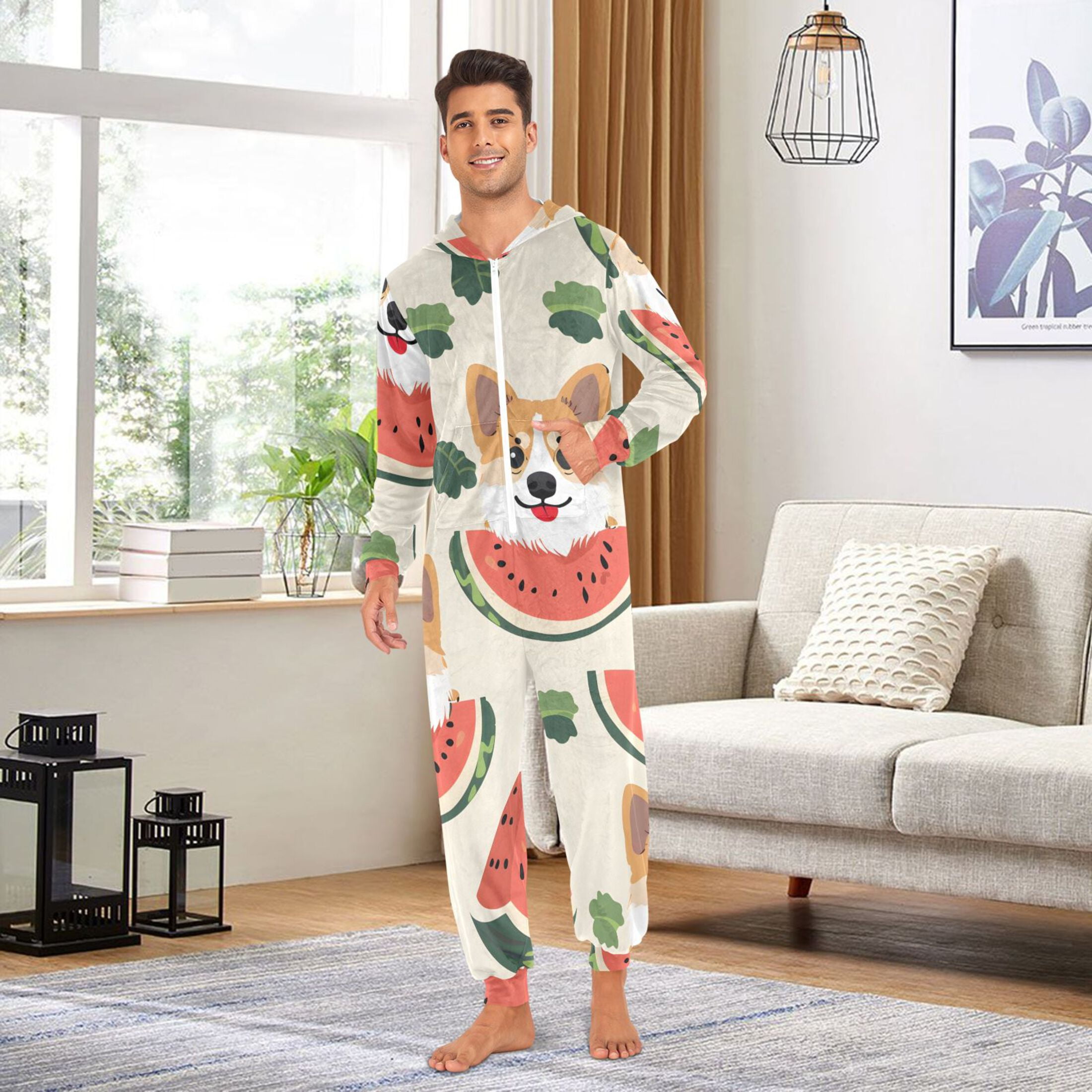 Dogs Eating Melons Leaves Adult's Hoodie Onesie Jumpsuit One-Piece Pajamas with Zipper Unisex for Holiday M