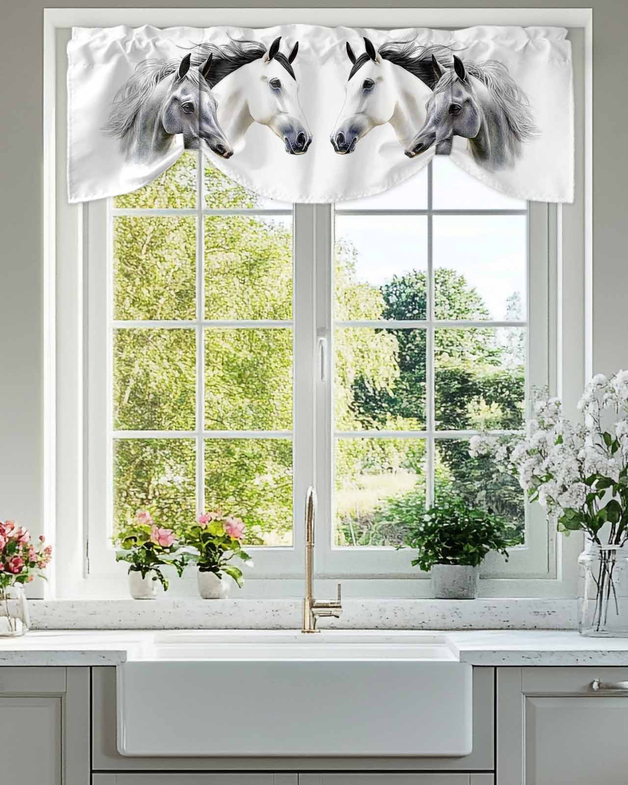 Horse Tie Up Valances Curtain, Watercolor Animal Kitchen Valances for Windows Decor, Rod Pocket Short Curtains Set for Bedroom/Bathroom, 60"x18"