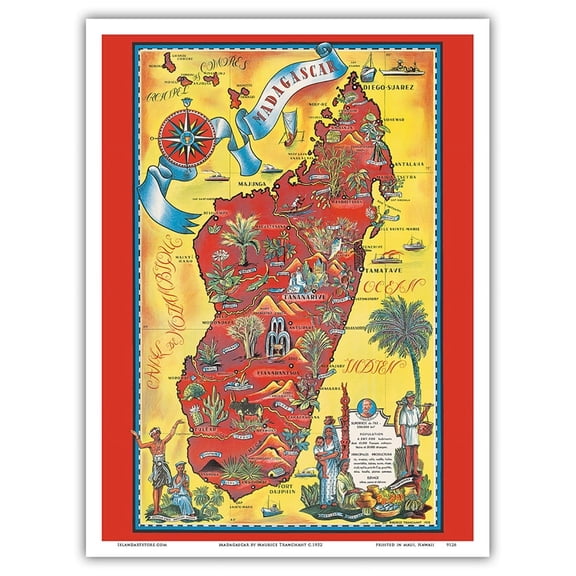 Madagascar Island - Vintage Pictorial Map by Maurice Tranchant c.1952 - Master Art Print (Unframed) 9in x 12in
