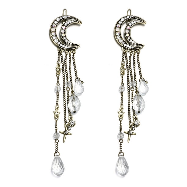 Pinzas para el pelo románticas con diamantes de imitación, luna creciente, estrella, cuentas de cristal, borla, horquillas para el pelo, cadena, horquilla para mujeres, niñas, joyería nupcial, accesorios para el cabello, regalo de vacaciones de Navidad para mujeres y niñas MFZFUKR CPB-CJZ1738-4