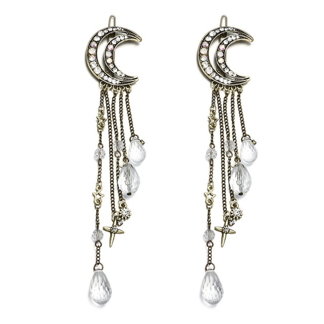 Horquillas para el pelo con forma de media luna y estrella con diamantes de imitación románticos, horquillas para el pelo con borlas y cuentas de cristal, horquillas para el pelo con cadena para