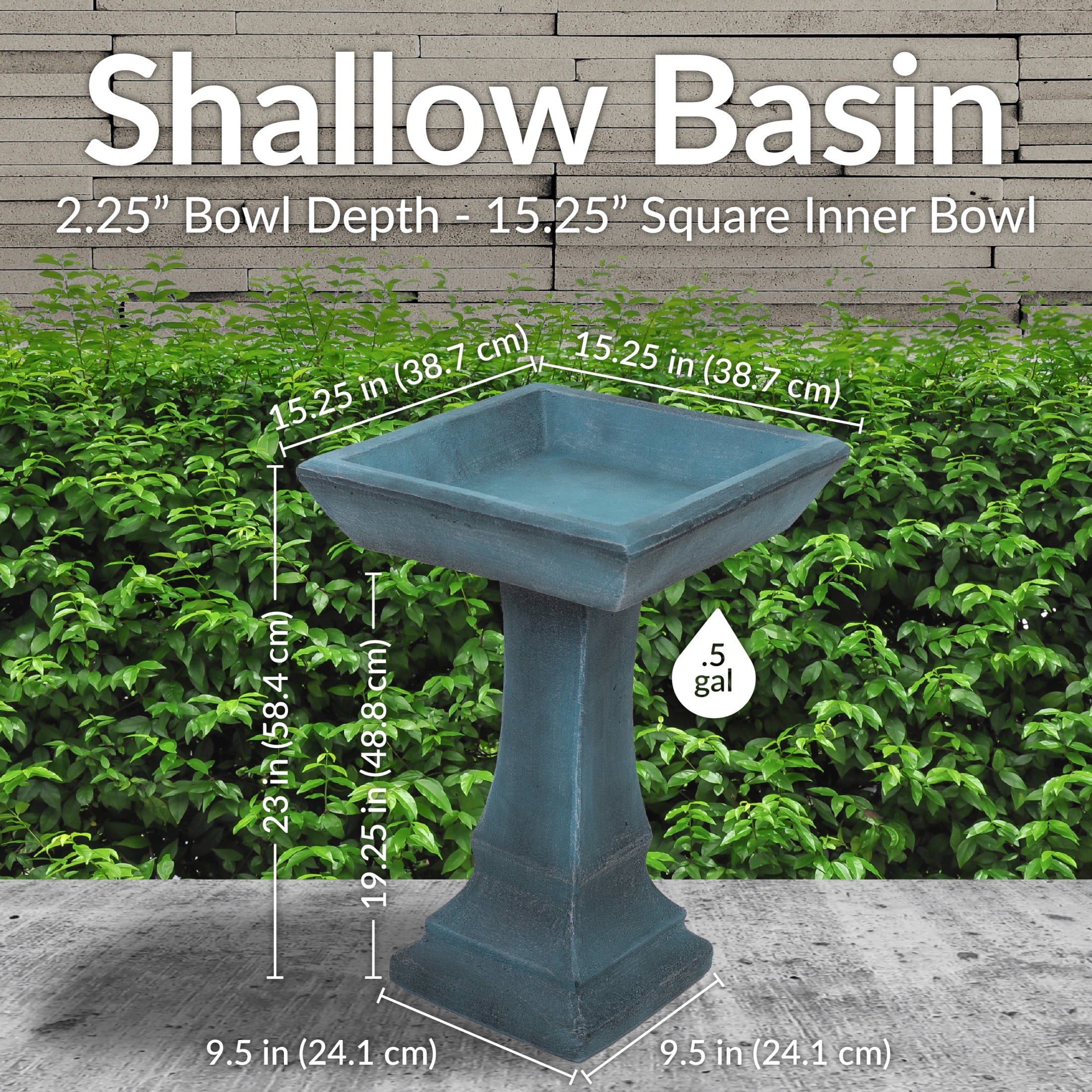Sunnydaze Simply Square Freestanding Glass Fiber Reinforced Concrete Outdoor Bird Bath, Green