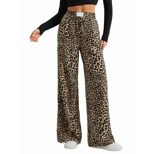 Pantalones Rectos con Estampado de Leopardo A Cuadros para Mujer, Cintura Elástica, Estilo Y2K, con Bolsillos. Marrón Leopardo L