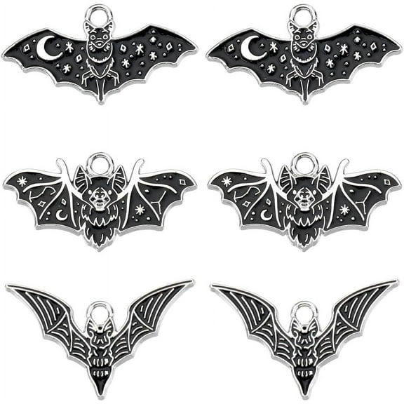1 Box 24Pcs Bat Charms Gothic Black Enamel Bats Wing Charm Blood Sucking Animal Flittermouse Charms Crescent Moon Star Silver Tone Bat Vampire Charm for Jewelry Making Charms