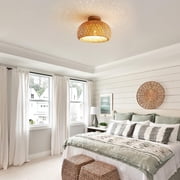 IC INSTANT COACH Rattan Semi Flush Mount Ceiling Light, Mini Bamboo Ceiling Light Fixture, Handmade Boho Rattan Light Chandelier, Farmhouse Light Fixtures for Bedroom Kids Room Hallway Corridor Passwa