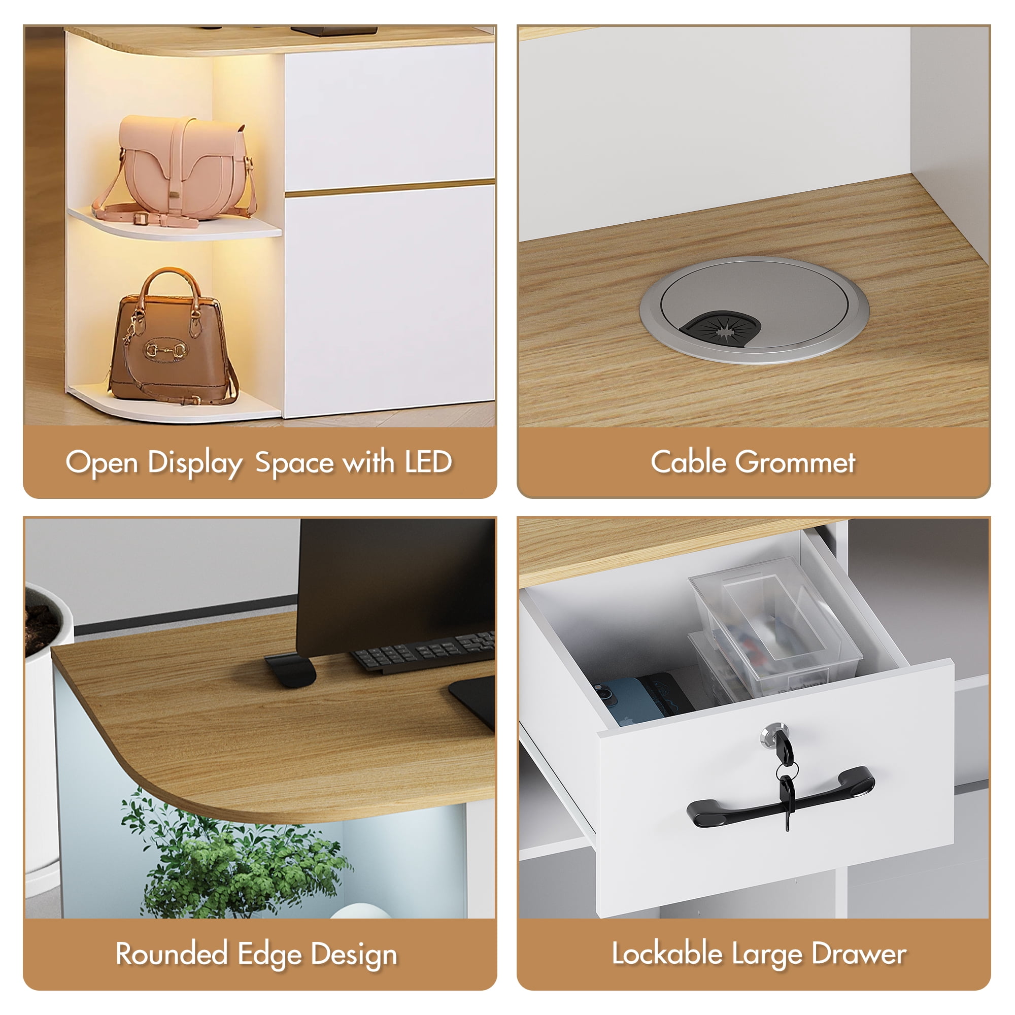 Advwin Modern Reception Desk with LED Light, Power Outlets, Lockable Drawer & Storage Shelves, Front Desk Counter Table for Office, Lobby, Spa, Nail Salon, White & Wood